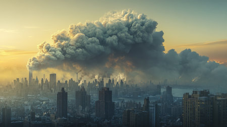 A stunning urban skyline is silhouetted against a dramatic cloud formation at sunrise, showcasing the interplay of nature and city life in a breathtaking scene.の素材