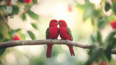 A pair of red lovebirds perched together on a tree branch, celebrating the season of love.の素材