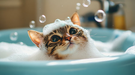A playful cat getting a bubble bath, with soap bubbles sticking to its fur and head in a small bath tub.の素材
