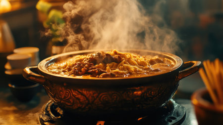A rich and fragrant hot pot with steam rising from it, surrounded by ingredients like noodles, meat, and mushrooms.の素材
