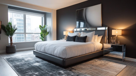 A sleek luxury bedroom with a minimalist design, a king-sized bed, mirrored furniture, and high-end decor.の素材
