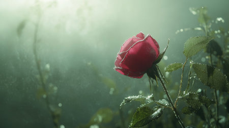 A soft-focus shot of a red rose with sparkling water droplets, with a gentle green backdrop.の素材