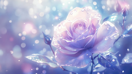 A soft lavender rose with glistening dew drops on each petal, creating a fresh and romantic feeling.の素材