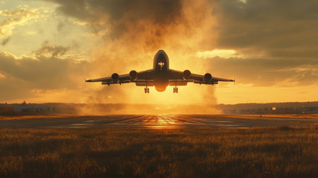 A powerful shot of a plane taking off from the runway, with the engines roaring and lifting off into the sky.の素材