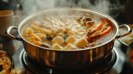 A steaming hot pot filled with a variety of ingredients like mushrooms, tofu, and seafood, ready to be enjoyed by a group.の素材