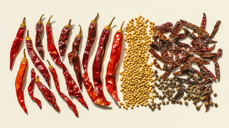 A vibrant flat-lay of dried chili peppers, cumin seeds, and mustard seeds, arranged on a light background.の素材