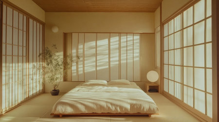 A tranquil Japanese bedroom with sliding paper doors, a low platform bed, and muted colors for a peaceful vibe.の素材