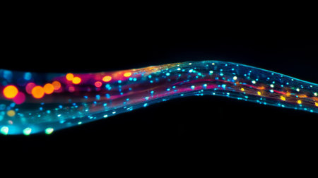 A stunning abstract image featuring colorful light waves with sparkling particles against a deep black background, perfect for digital art and design projects.の素材