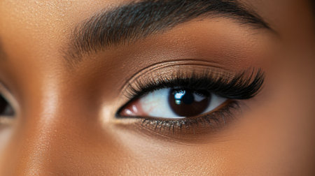 This close-up image captures the beauty of an eye adorned with dramatic makeup. Long eyelashes and perfectly shaped eyebrows enhance the overall elegance and charm, showcasing a flawless and radiant look.の素材