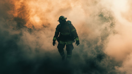 A firefighter navigates through thick smoke, creating an intense atmosphere. This powerful image captures the courage and determination of professionals in action.の素材