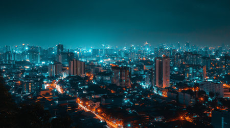 A stunning night view of a vibrant urban landscape showcasing a city skyline illuminated in blue and orange hues, highlighting the dynamic city life and architecture.の素材