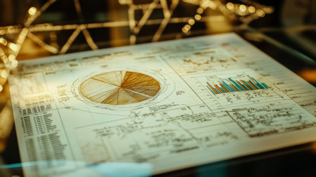 Close-up of a detailed data visualization showcasing various charts and graphs on paper. This image captures the essence of analytics and business planning.の素材