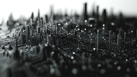 This abstract digital landscape features glowing lines and data points, creating a futuristic atmosphere. Perfect for technology and design projects.の素材