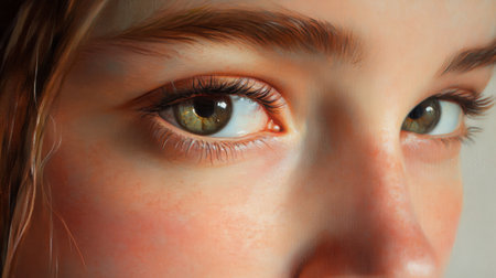Captivating close-up of a young girl's stunning green eyes showcasing natural beauty and depth, evoking feelings of innocence and warmth.の素材