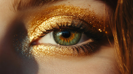 A stunning close-up of a beautiful eye featuring golden glitter makeup. The intricate detailing of the lashes and vibrant iris create a mesmerizing effect.の素材