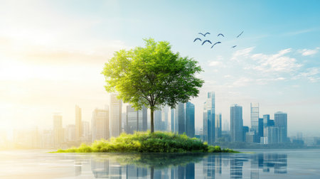 A picturesque urban landscape featuring a solitary tree on a small island, reflecting in calm waters at sunrise, surrounded by modern skyscrapers and a clear sky.の素材