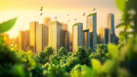 A stunning urban landscape showcasing tall skyscrapers surrounded by lush greenery at sunrise. Birds soar over the city, reflecting harmony between nature and urban life.の素材