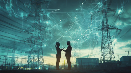 Two engineers in silhouettes discuss plans against a backdrop of power lines and a connected digital landscape, symbolizing innovation in energy infrastructure.の素材