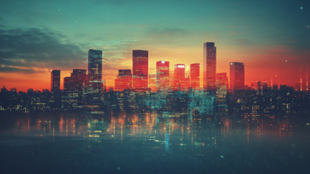 Explore a stunning urban skyline at dusk, showcasing vibrant colors and reflections over water, capturing the essence of modern city life and architecture.の素材