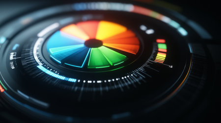 This image showcases a vibrant data visualization featuring colorful geometric patterns in a circular design, ideal for modern analytics and technology themes.の素材