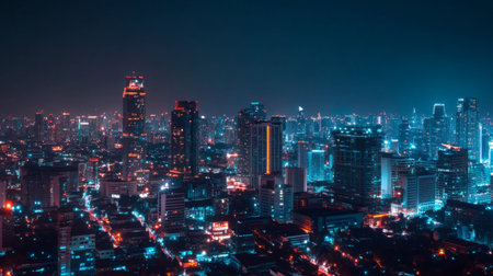 A stunning view of a vibrant city at night, showcasing illuminated skyscrapers and lively streets, perfect for capturing the essence of urban energy and modern architecture.の素材
