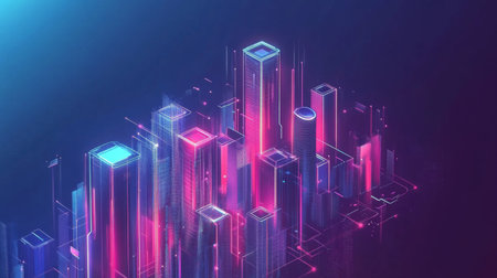 Explore a vibrant futuristic cityscape featuring abstract buildings illuminated by neon lights, creating a captivating urban atmosphere full of energy and innovation.の素材