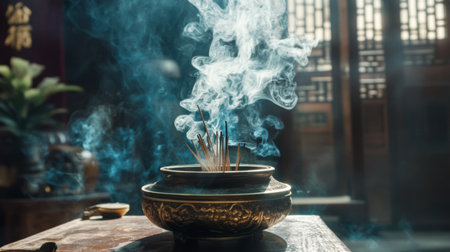 A serene bowl of incense releasing fragrant smoke, capturing the essence of tranquility in a beautifully arranged indoor space, promoting relaxation and spirituality.の素材