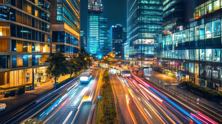 Captivating night cityscape showcasing vibrant traffic and modern skyscrapers. The dynamic interplay of lights creates a stunning urban atmosphere ideal for travel and city life themes.の素材