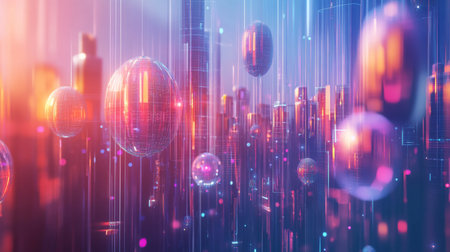A vibrant futuristic cityscape featuring glowing spheres and digital particles. The abstract design creates a mesmerizing scene full of energy and innovation.の素材