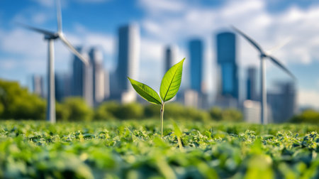 A vibrant green leaf emerges from a field, set against a modern urban skyline featuring wind turbines, symbolizing sustainability and harmony between nature and technology.の素材