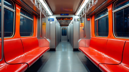 A modern, empty subway train interior showcasing vibrant red seating and sleek design. Ideal for urban transportation themes and travel concepts.の素材