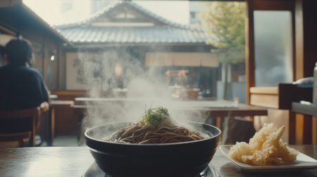 A cozy setting featuring a steaming bowl of soba noodles with tempura on the side, capturing the warmth and inviting atmosphere of a traditional Japanese meal.の素材