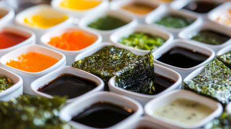 A close-up of crispy seaweed rolls served with a variety of colorful dipping sauces, highlighting the deliciousness and appeal of this beloved snack.の素材
