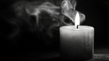 A beautiful candle flickers softly against a dark background, emitting a warm glow and wisps of smoke. This image evokes feelings of peace and tranquility.の素材