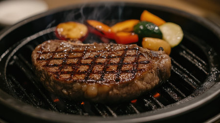 A juicy steak sizzling on a hot grill, with grill marks visible, and a side of grilled vegetables on the plate.の素材