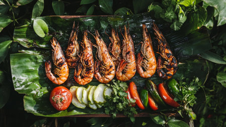 Grilled prawns laid on a banana leaf tray, surrounded by grilled vegetables and traditional Thai herbs, giving a natural, rustic vibe.の素材
