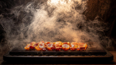 Bacon strips sizzling on a griddle, with smoke rising as the fat bubbles and the edges turn crisp and golden brown.の素材
