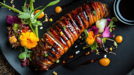 A vibrant shot of grilled eel on a black plate, showcasing its glistening skin and rich texture, surrounded by colorful garnishes and dipping sauceの素材