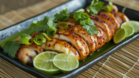 A vibrant presentation of Korean spicy squid served on a bamboo plate, garnished with slices of lime and fresh cilantro, creating an appetizing and inviting look.の素材