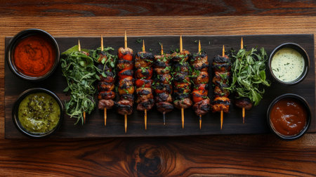 A vibrant shot of yakitori skewers arranged in a fan shape on a wooden board, garnished with fresh herbs and served with dipping sauces for a delightful presentation.の素材