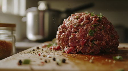 A close-up of fresh ground beef piled onto a cutting board, with spices and seasonings ready for seasoning.の素材