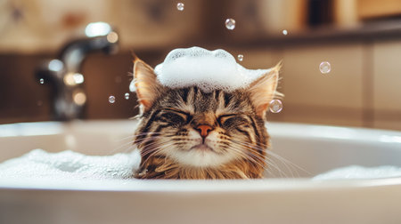 A happy cat with a few soap bubbles on its head, enjoying a warm bath in a vintage-style bathtub.の素材