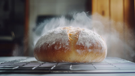 A freshly baked sourdough loaf with a perfect crust, resting on a cooling rack with flour dusted on top.の素材