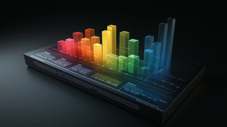 A visually striking D bar graph displaying comparative data, with layered bars in different colors, creating a sense of depth and complexity in financial analysis.の素材