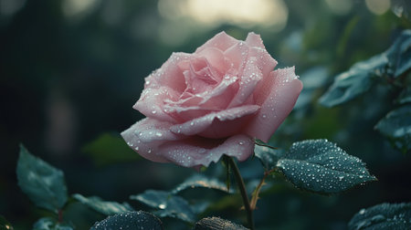 A fresh pink rose with tiny water droplets sparkling on its petals, surrounded by green leaves in a peaceful garden.の素材