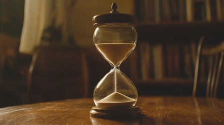 A macro shot of an hourglass on a wooden table, with the sand falling in mid-air, capturing the flow of time.の素材