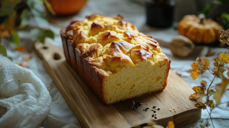 A loaf of sweet and soft pumpkin bread, sitting on a cutting board with autumn-themed decorations around it.の素材