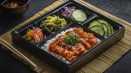 Uni beautifully displayed in a bento box with compartments for rice, pickled vegetables, and a garnish of thinly sliced cucumber, set on a bamboo mat.の素材