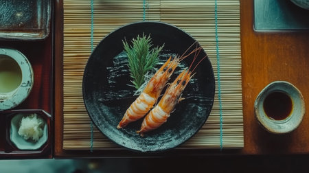 Grilled prawns in an elegant, minimalistic setting, served on a black ceramic plate with artistic garnish, surrounded by natural bamboo mats.の素材