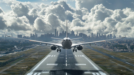 A wide-angle view of an airplane ascending from the runway, with the city skyline and clouds in the background.の素材
